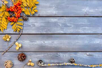Fototapeta premium Autumn composition for the background. Clusters of mountain ash, yellowed leaves, cones and nuts on a dark wooden table. Flat styling, top view with a place to copy.