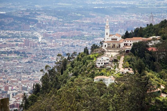 Aerial drone shot of the Monserrate mountain in Bogota,