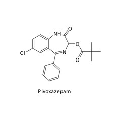 Pivoxazepam molecule flat skeletal structure, Benzodiazepine class drug used as Sedative, hypnotic agent. Vector illustration on white background.