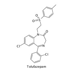 Tolufazepam molecule flat skeletal structure, Benzodiazepine class drug used as Sedative, hypnotic agent. Vector illustration on white background.