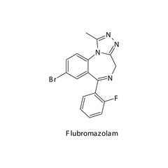Flubromazolam molecule flat skeletal structure, Benzodiazepine class drug used as designer drug. Vector illustration on white background.