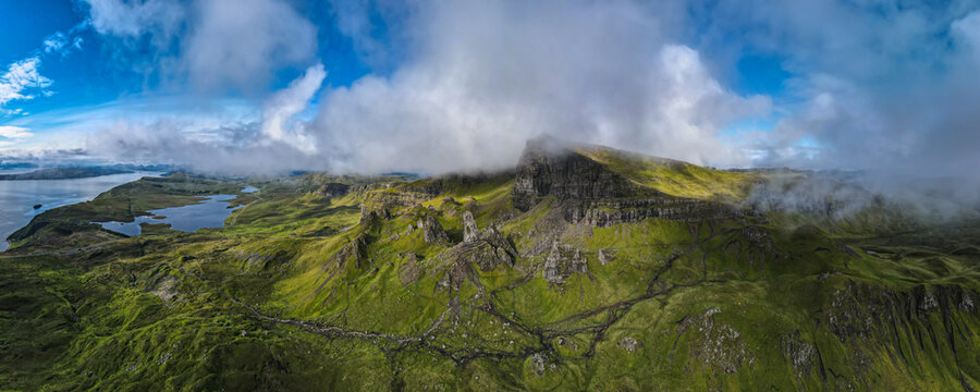 Aerial panoramic view around the Storr on the Isle of Skye in Scotland