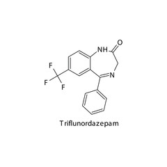 Triflunordazepam molecule flat skeletal structure, Benzodiazepine class drug used as Anticonvulsant. Vector illustration on white background.