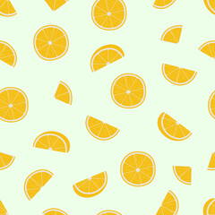 Seamless pattern cartoon oranges fruit, vector illustration of citrus wholes and slices.