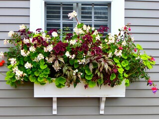 Closeup of beautiful flowers in the window box. Begonia minor and Fuchsia.