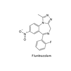 Flunitrazolam molecule flat skeletal structure, Benzodiazepine class drug used as designer drug. Vector illustration on white background.
