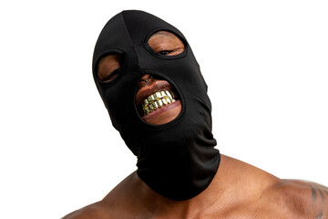 Shirtless tattooed African American man with black mask and gold fangs - obrazy, fototapety, plakaty
