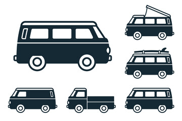 Vector retro travel van and pickup truck icon set - obrazy, fototapety, plakaty