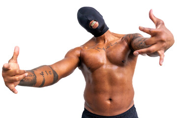 Shirtless tattooed African American man with eyeless black mask, gold fangs, and arms outstreached