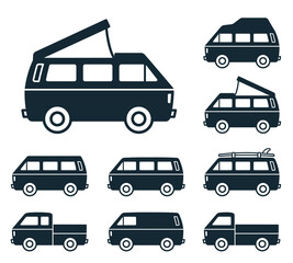 Vector retro travel van and pickup truck icon set - obrazy, fototapety, plakaty
