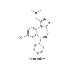 Adinazolam molecule flat skeletal structure, Benzodiazepine class drug used as Anxiolytic, anticonvulsant, sedative, hypnotic agent. Vector illustration on white background.