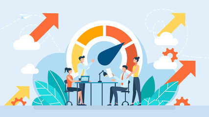 Teamwork concept. Team work in the office. A successful result is on the scale. Colleagues gather in boardroom brainstorm discuss financial statistics together. Working at meeting. Illustration