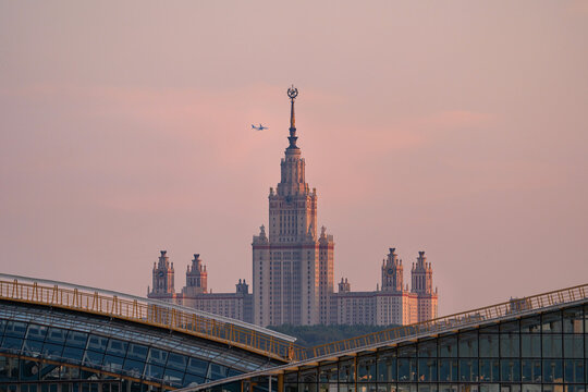 The building of the Moscow State University and the bridge on the background of the evening sky