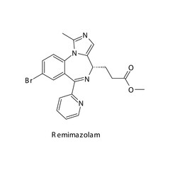Remimazolam molecule flat skeletal structure, Benzodiazepine class drug used as Sedative, hypnotic agent. Vector illustration on white background.