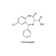 Clorazepate molecule flat skeletal structure, Benzodiazepine class drug used as Anxiolytic, anticonvulsant, sedative, hypnotic agent. Vector illustration on white background.