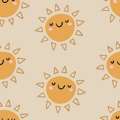 Cute seamless pattern of sun icons. Funny happy smiley suns. Bright and beautiful cartoon background.