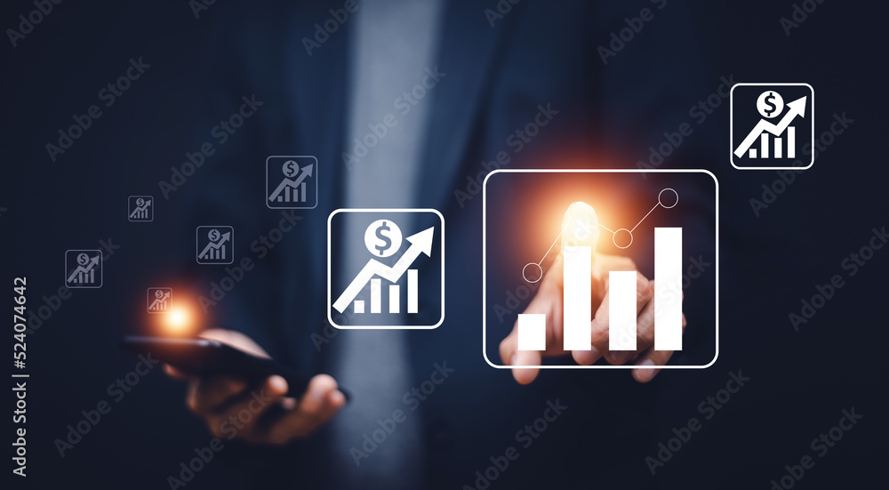 Poster business man trader investor analyst using mobile phone app analytics for cryptocurrency financial m