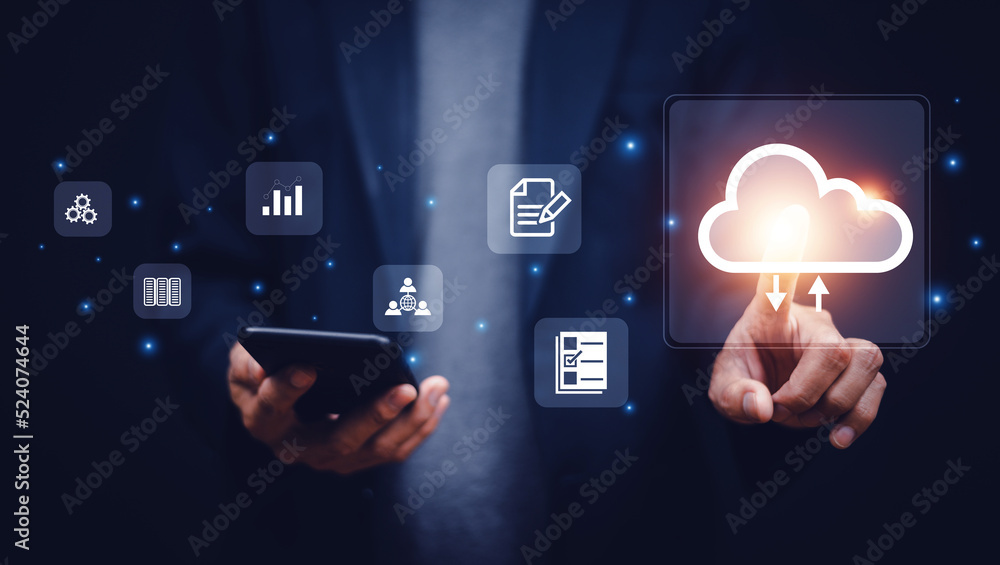 Poster businessman using phone on internet technology cloud computing