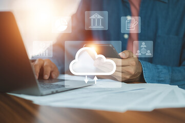Businessman using phone  on internet technology cloud computing