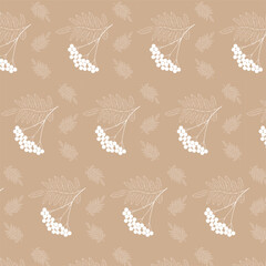 pattern   ripe rowan berries bunch with leaves, vector illustration white on beige background