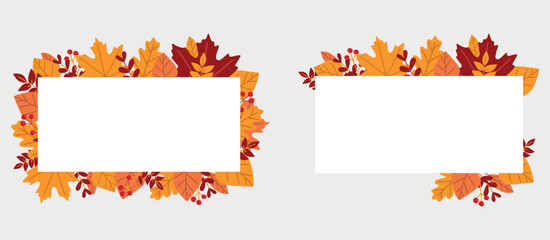 Autumn leaves frames collection. Autumnal wreath illustration with colorful leaves on white background. 
