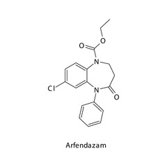 Arfendazam molecule flat skeletal structure, Benzodiazepine class drug used as Anxiolytic agent. Vector illustration on white background.