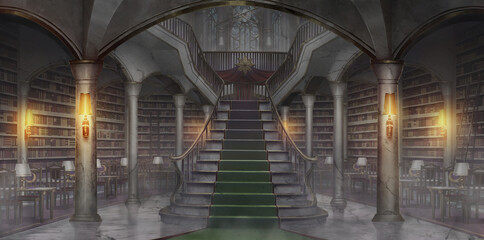 The main hall of the old Fantasy Library  - turned on the light and with dust, Anime background, Illustration	
