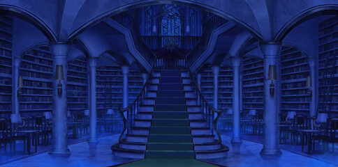 Fantasy library main hall at night  -  turned off the light , Anime background, Illustration