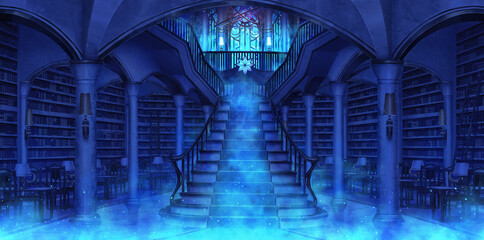 Fantasy library main hall at night  -  turned off the light and with smoke, Anime background, Illustration
