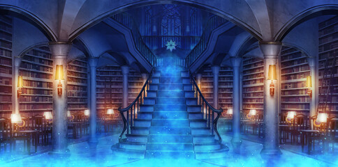 Game Art Fantasy library main hall at night. Digital CG Artwork, Concept Illustration, Realistic Cartoon Style Scene Design © Deztinie