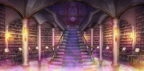 Fantasy library mysterious main hall  - turned on the light and purple smoke, Anime background, Illustration
