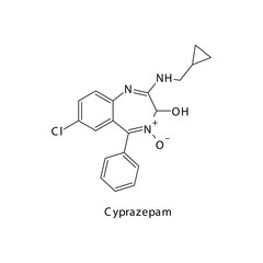 Cyprazepam molecule flat skeletal structure, Benzodiazepine class drug used as Sedative, hypnotic agent. Vector illustration on white background.