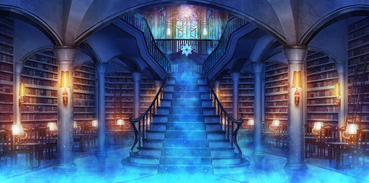Fantasy library mysterious main hall at night- turned on the light and smoke, Anime background, Illustration	