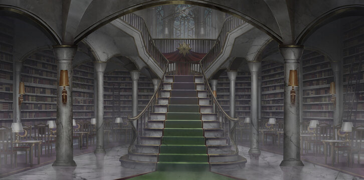 The main hall of the old Fantasy Library  - turned off the light and with dust, Anime background, Illustration	
