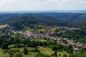 Fototapeta na wymiar The village of 57850 Dabo with church in France in the Vosges seen from the tower