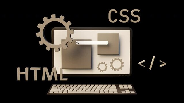 Web programming with css and html languages with close-up of a desktop computer and cogwheels turning. 3d rendering with black background on professional software development and websites.