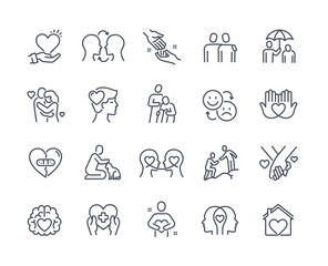 Empathy line icon set. Psychological help, support, comforting hugs and mental health. Design elements for apps and social networks. Cartoon flat vector collection isolated on white background