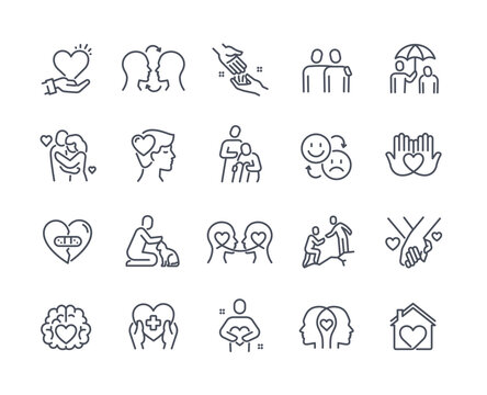 Empathy Line Icon Set. Psychological Help, Support, Comforting Hugs And Mental Health. Design Elements For Apps And Social Networks. Cartoon Flat Vector Collection Isolated On White Background