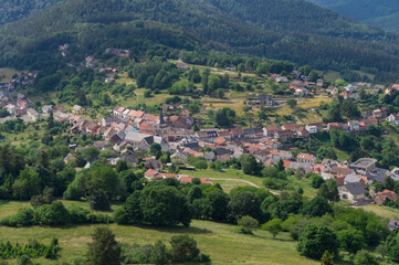 Fototapeta na wymiar The village of 57850 Dabo with church in France in the Vosges seen from the tower