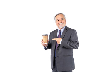 positive asian adult business senior old man holding coffee cup with wearing suit on white background,People lifestyle concept.