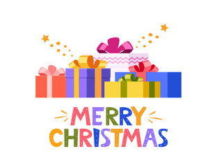 Big pile of colorful wrapped gift boxes and lettering Merry Christmas. Greeting card design element. Vector typography.