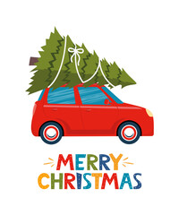Cute red retro car with christmas tree on the roof. Merry christmas lettering for greeting card, postcard, poster, banner, invitation design. Vector illustration.