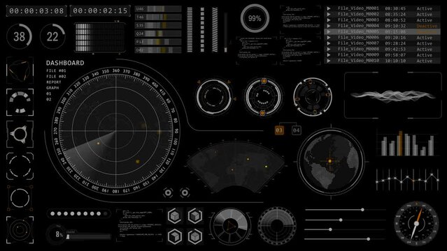 Motion graphic of Sonar radar screen searching an object with futuristic head up display ( HUD UI ) technology interface screen and chat panel abstract background Alpha channel included	
