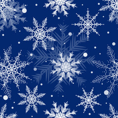 Fototapeta na wymiar Winter seamless pattern with snowflakes and snow on blue background.