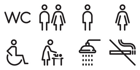 Toilet line icon set. WC sign. Man,woman,shower, mother with baby and handicap symbol. Restroom for male, female, disabled. Vector graphics