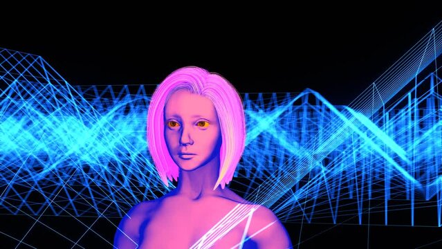 Spinning around a pink woman on a digital blue neon background .
