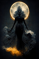 Obraz premium Amazing digital drawing of a woman standing front of the moon.