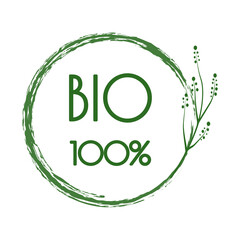 100% bio product, sticker, natural product, proper nutrition, healthy food sticker in a green circle . Sticker for packaging, stamp, natural product