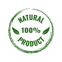 100% natural product, sticker, proper nutrition, healthy food sticker in a green circle . Sticker for packaging, stamp, natural product.
