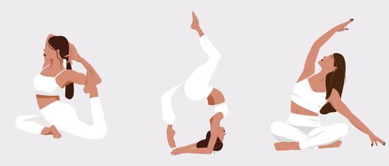 Collection set of young women doing yoga exercises. Bundle of female cartoon character demonstrating various yoga positions isolated on light background. Faceless flat illustration. 